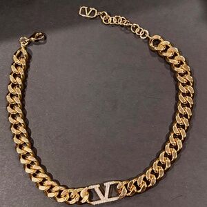 V Valentino Gold tone Cuban Choker Iconic “V” embedded w/clear Crystals